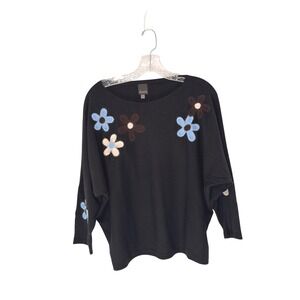 Aaeda Sweater Black Felt Flowers Stretch Knit Cozy Soft Basic Casual XL